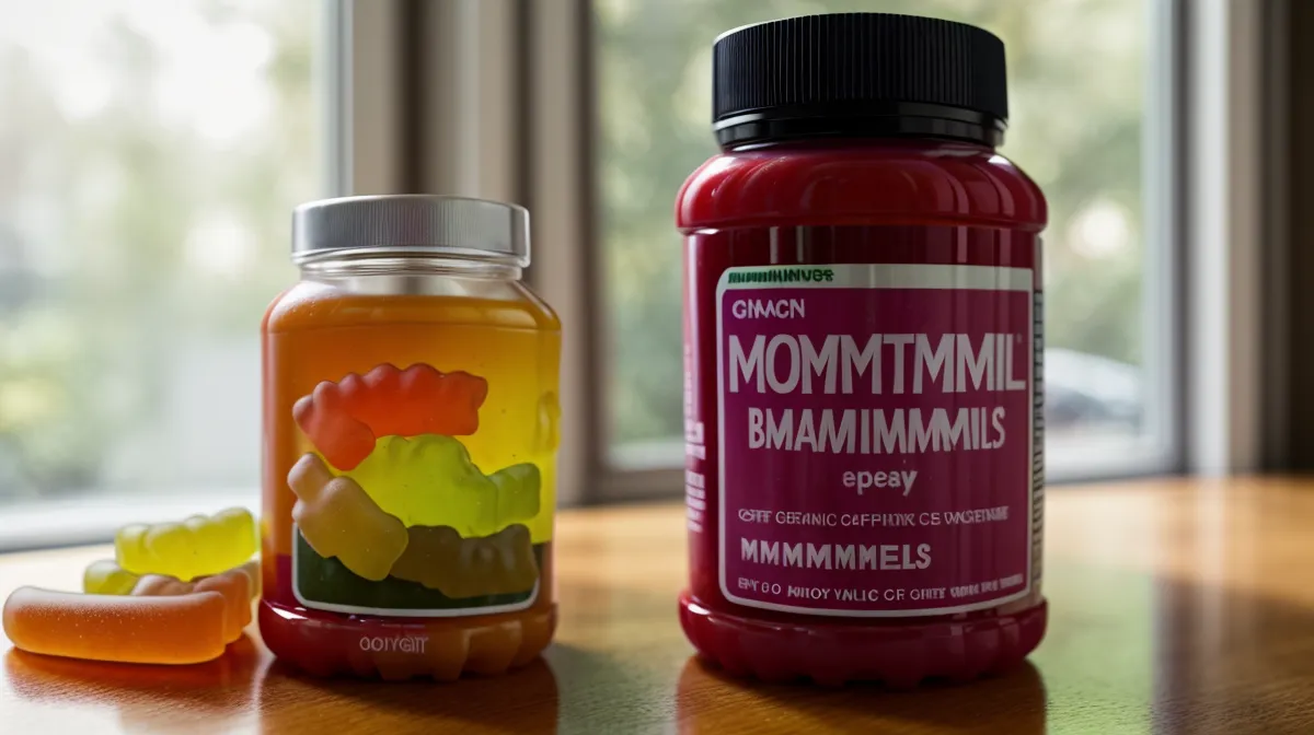 Bottle of gummy digestive enzymes beside a stack of graded papers, symbolizing a gut health routine for workday bloating relief.