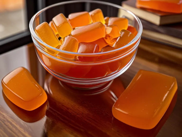 Two digestive enzyme gummy vitamins in a bowl on a teacher's desk, part of a bloating relief routine next to graded papers.