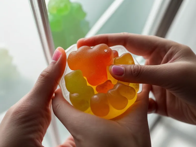 Gummy vitamin held up for a close look during a digestive support supplement review