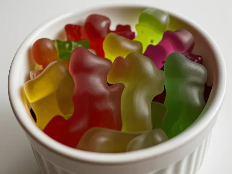 Assorted gummy vitamins and fiber supplements in a glass bowl beside a stack of graded papers on a teacher's desk