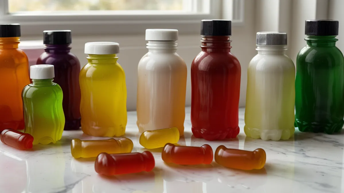 Fiber gummies and capsules lined up on a kitchen table for a constipation relief and bloating comparison
