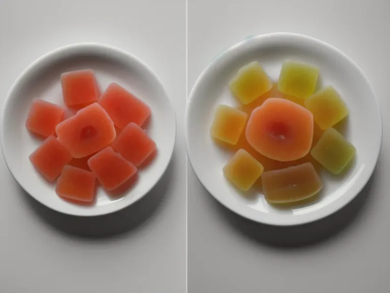 Pectin and gelatin gummy vitamins side by side showing texture differences in a warm classroom