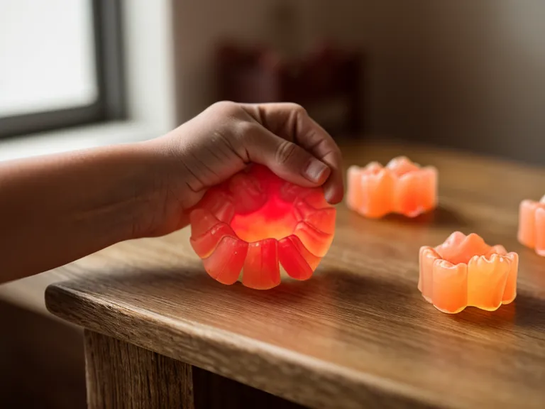 Two red probiotic gummies for gut health held up close over a classroom desk