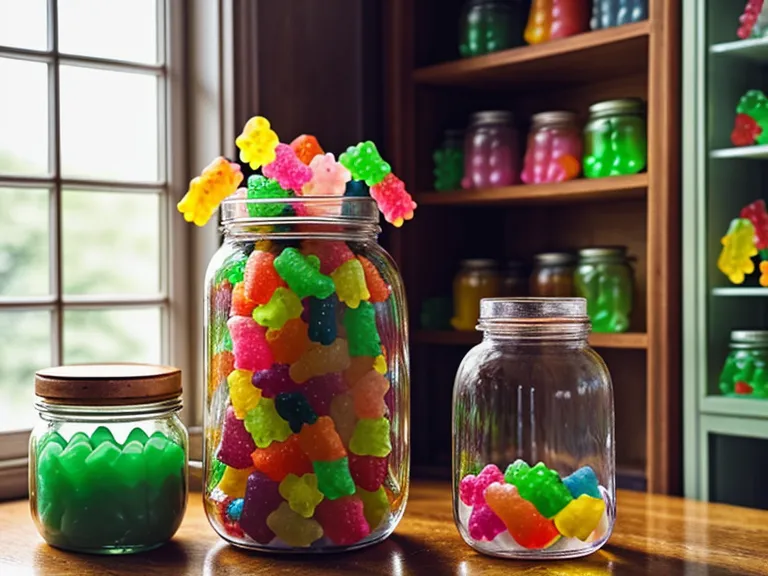 Jar of gummy vitamins for gut health stored on a shelf beside a stack of grading books