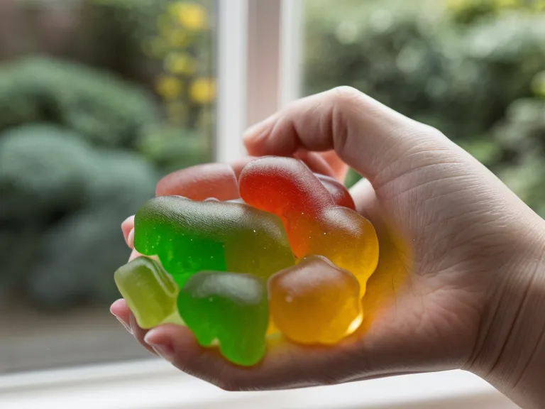 Sensitive-stomach reader holding a probiotic gummy in a sunny kitchen after a clean-supplements comparison