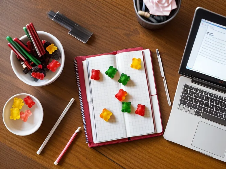 Close-up of probiotic gummies on a teacher's desk during a gut health routine label check