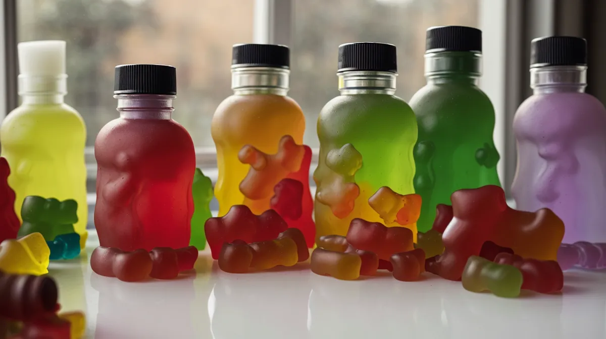 Best probiotic gummies for women over 40 with a sensitive stomach, bottle open on a kitchen counter