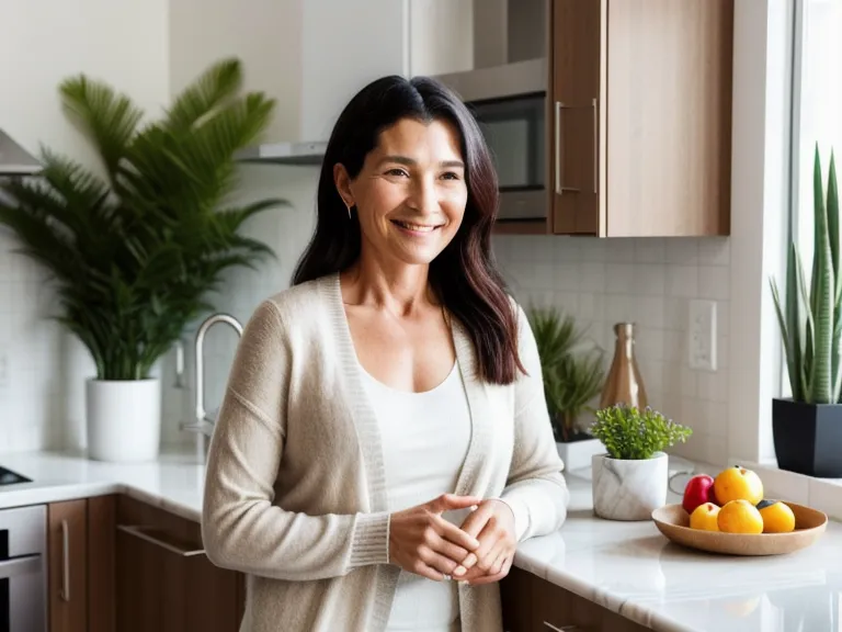 A woman at her kitchen table holding a sugar-free probiotic gummy bottle
