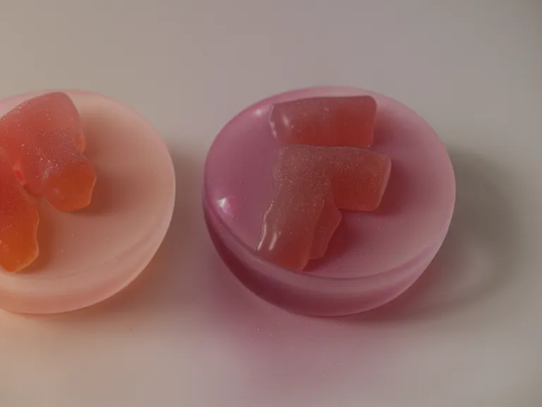 Side-by-side comparison of a small gummy vitamin and a large capsule showing the capsule-versus-gummy size difference.