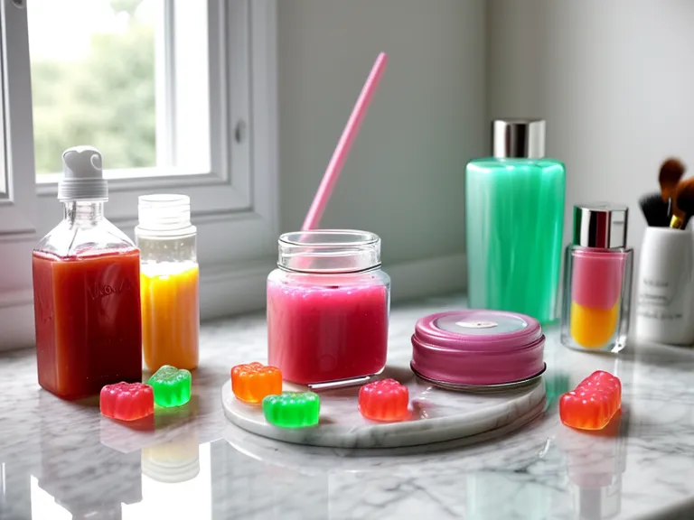 Row of gummy vitamin bottles lined up on a bathroom vanity shelf as part of a daily gut health routine.