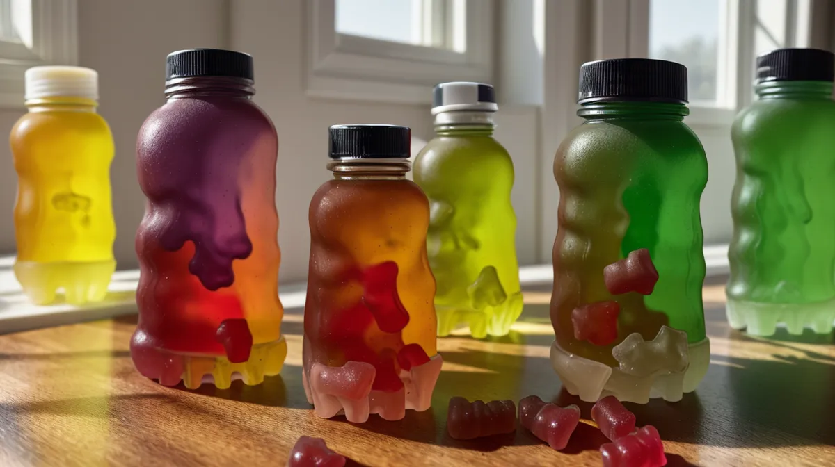 Rotating tray of gummy probiotics and capsule supplements lined up on a kitchen table for label grading