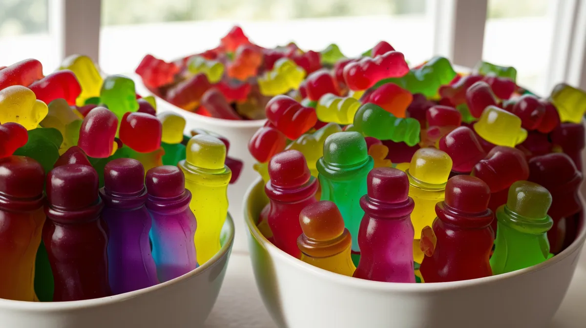 Gummy vitamins bottles lined up for a gut health routine probiotic review