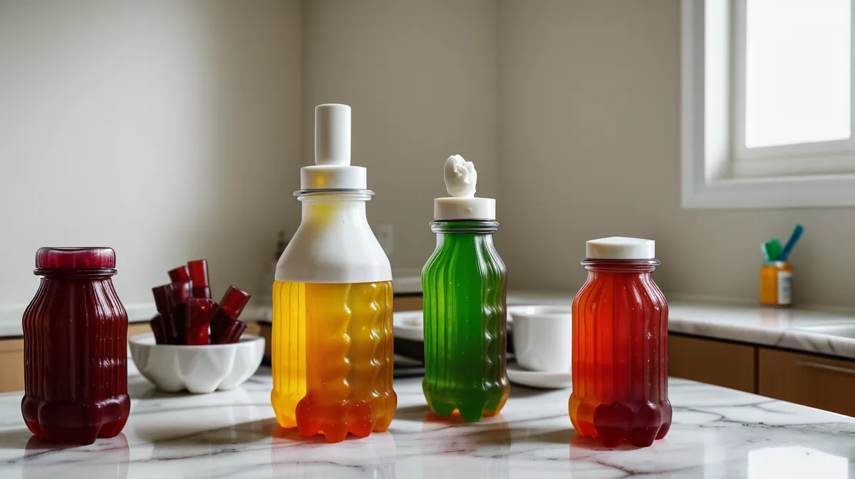 Bottle of gummy probiotics next to a notepad during a label-reading check for sugar content and gut health claims