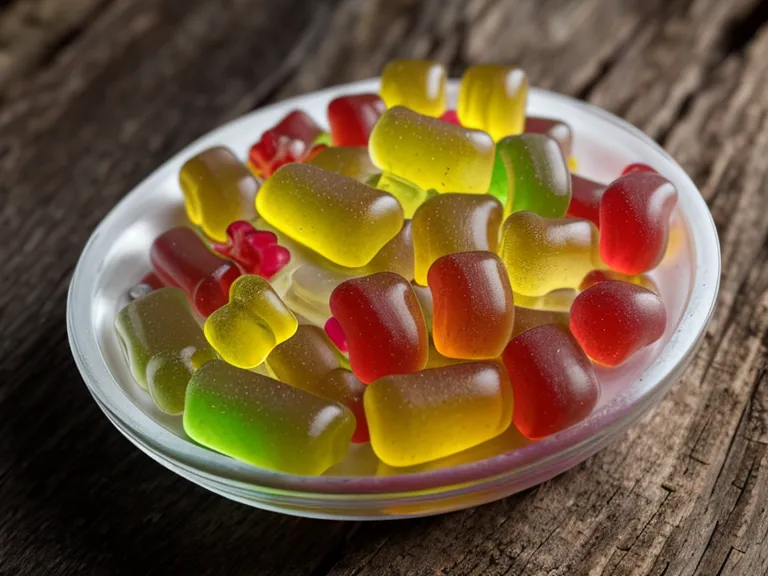 Close-up of different gummy vitamin textures and sweetener types lined up for a gut-health label comparison.