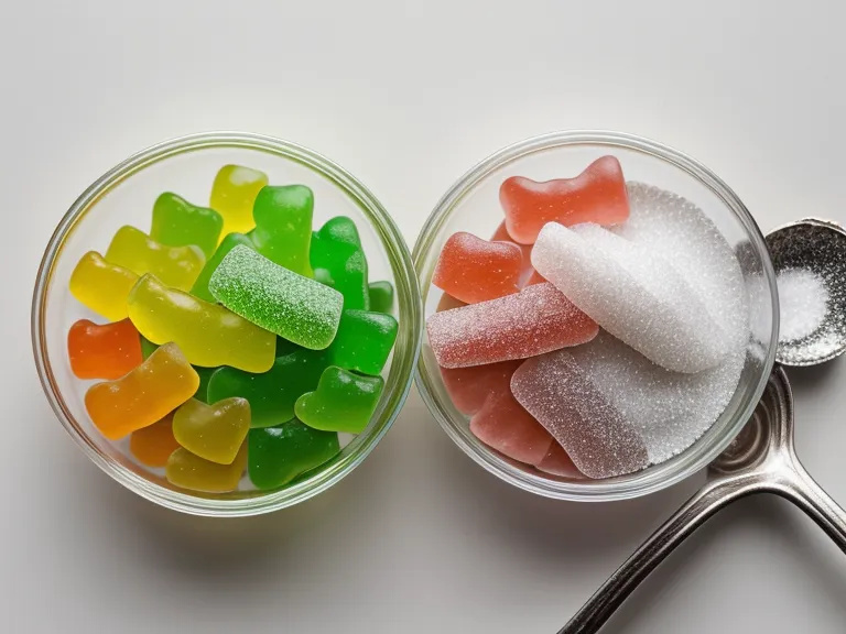 A gut-health gummy vitamin beside a teaspoon showing its actual sugar content