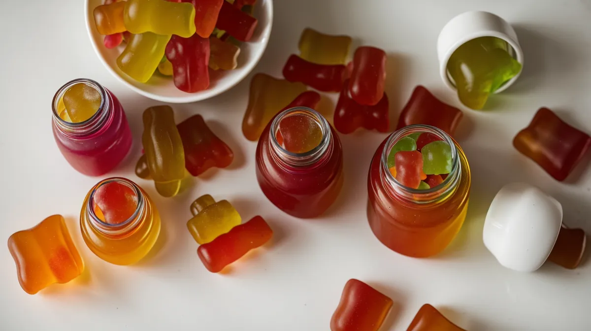 Gummy vitamin bottles lined up on a kitchen table next to a red pen, illustrating label-reading for gut health and probiotic tips.