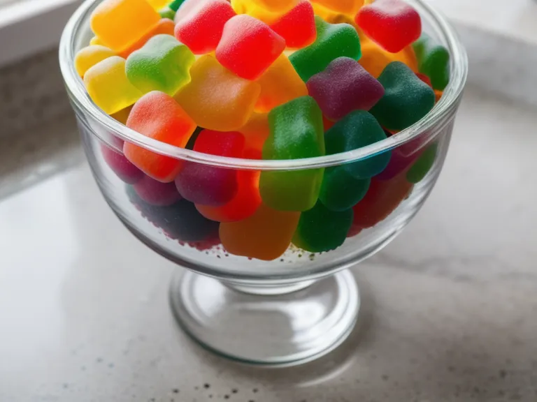 Fiber gummy supplements in a bowl beside fresh fruit, part of a fiber-supplements label check