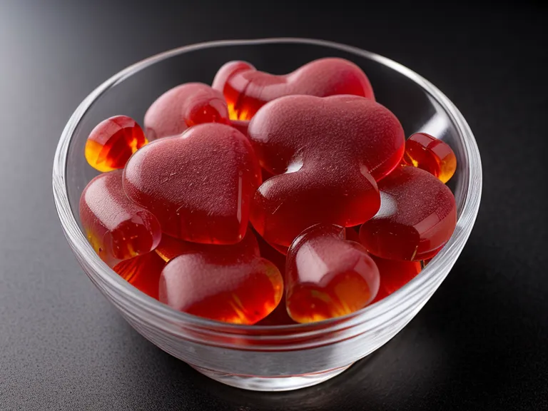 A small bowl of dark red gummy probiotic supplements next to fresh apple slices for a taste and texture test