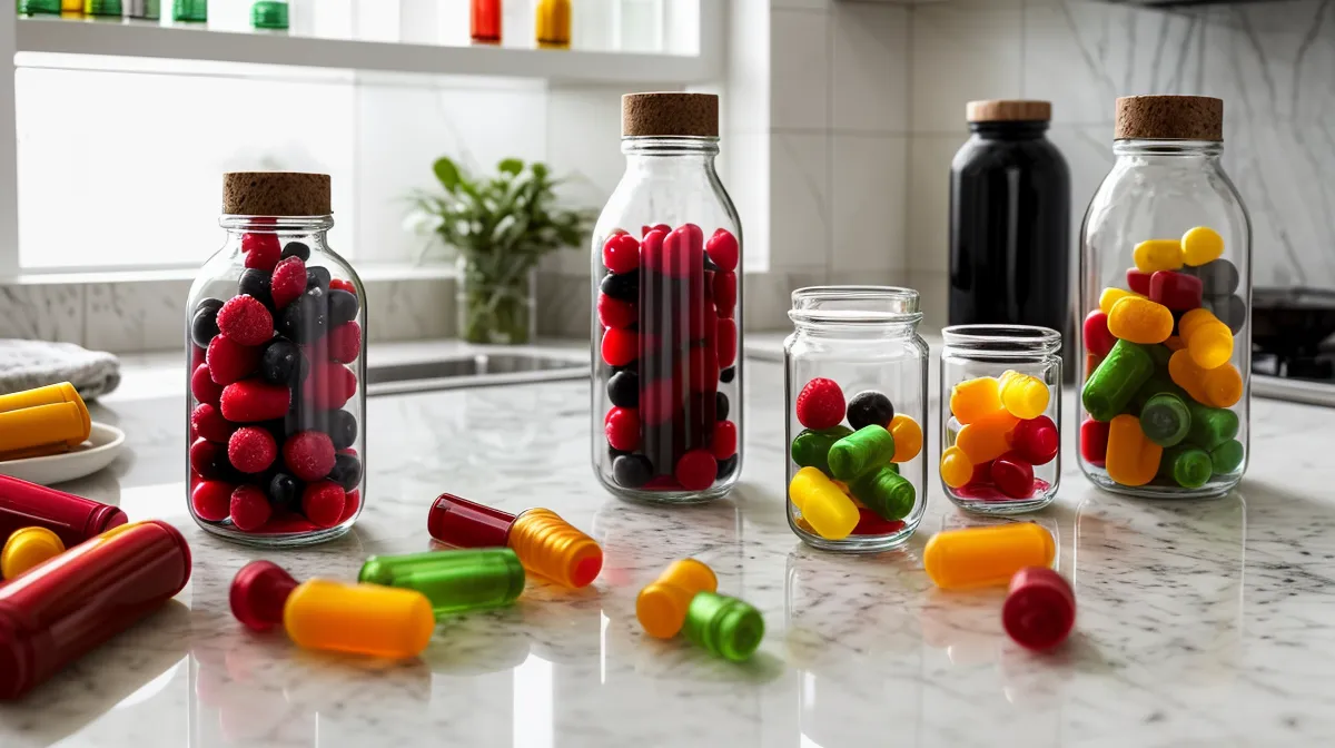 Gut Vita capsule bottle next to a PrimeBiome gummy jar, comparing budget probiotic supplement options for gut health