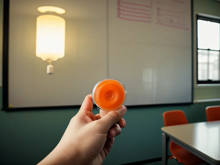 Gut Vita capsule held over a teacher's gradebook during a bloating relief probiotic review