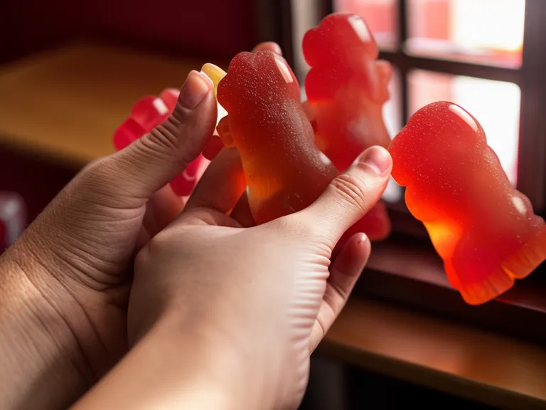 Close-up of a hand holding two gummy vitamins over a school desk during a probiotic-review taste test