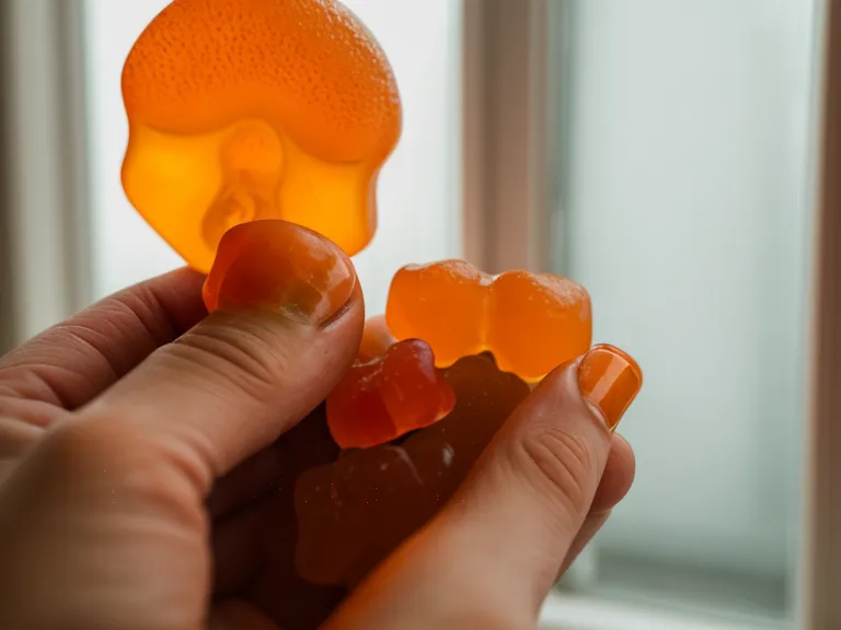 A teacher's hand holding a fiber gummy while reviewing the supplement facts label.