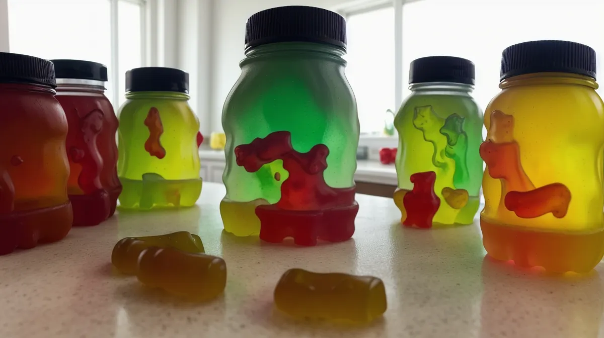 Gummy vitamins next to candy on a kitchen table while comparing supplement labels for gut health
