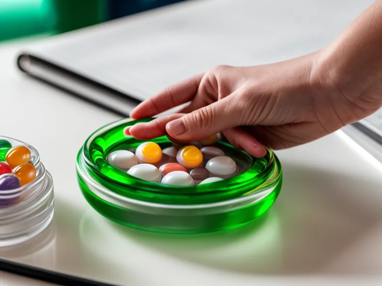 A teacher holding a GUT VITA capsule above a lesson planner while researching bloating relief supplement options