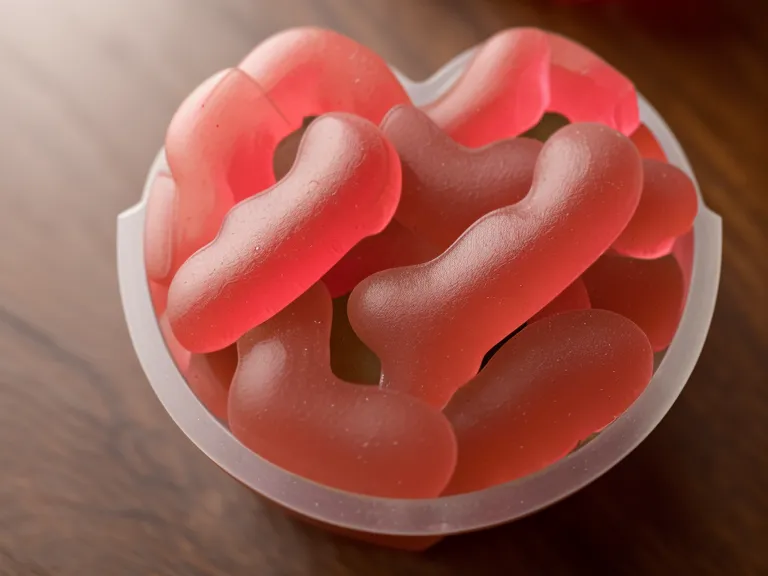Vibrant red probiotic gummy vitamins held in a teacher's hand during a bloating relief supplement comparison