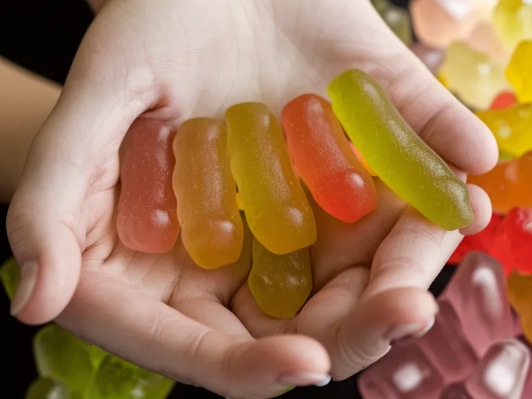 Holding a gummy vitamin after weeks of tracking bloating relief as part of a gut health routine