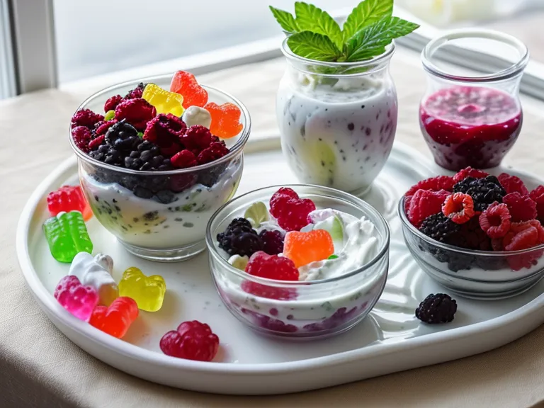 Morning wellness tray with yogurt, fruit, and gummy probiotic supplements as part of a daily gut health routine