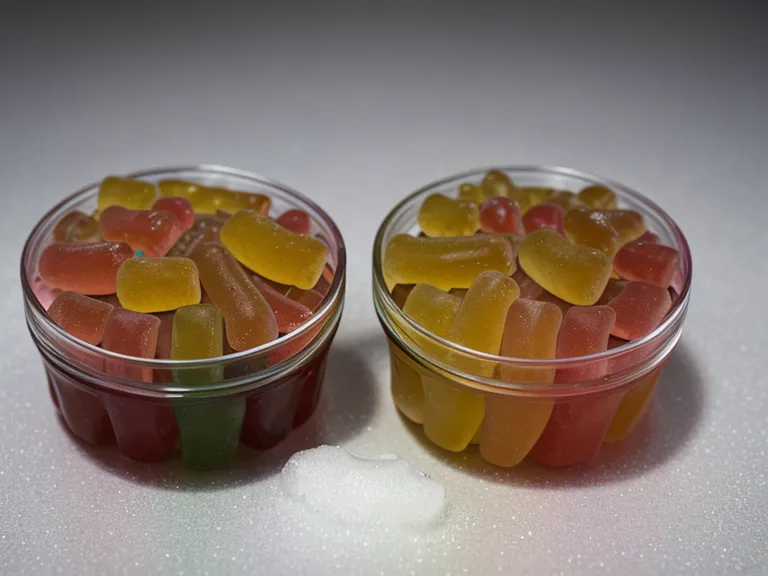 Macro comparison of a rubbery gelatin gummy vitamin next to a cleaner-snapping pectin gummy