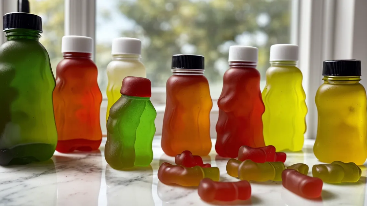Bottles of probiotic gummies and printed supplement labels during a gut-health check, a teacher-wellness look at supplement ingredients