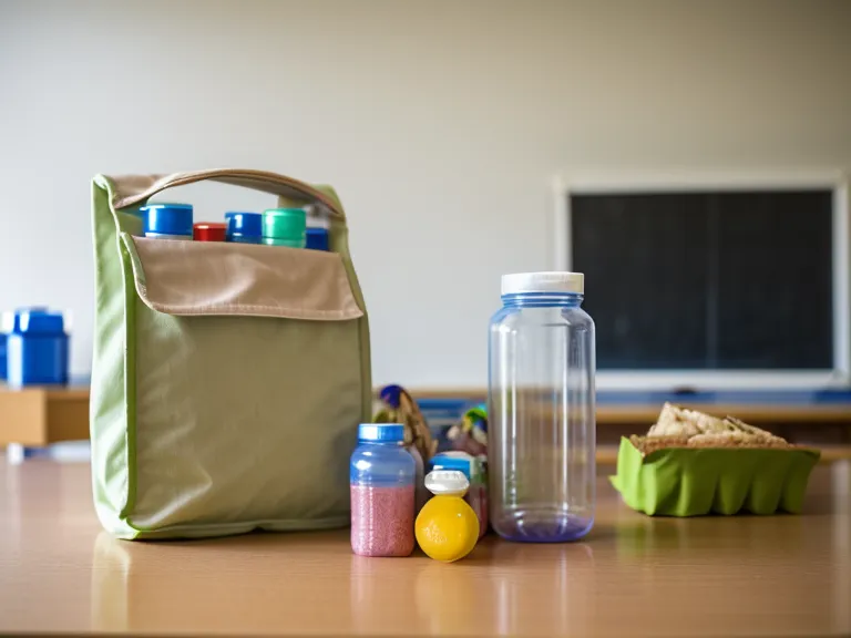 Gummy probiotics bottle beside a teacher's lunchbox in a classroom, symbolizing digestive wellness during a busy school day