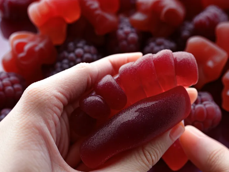 Berry-colored probiotic gummy held near a teacher's desk during a gummy vitamins gut health comparison