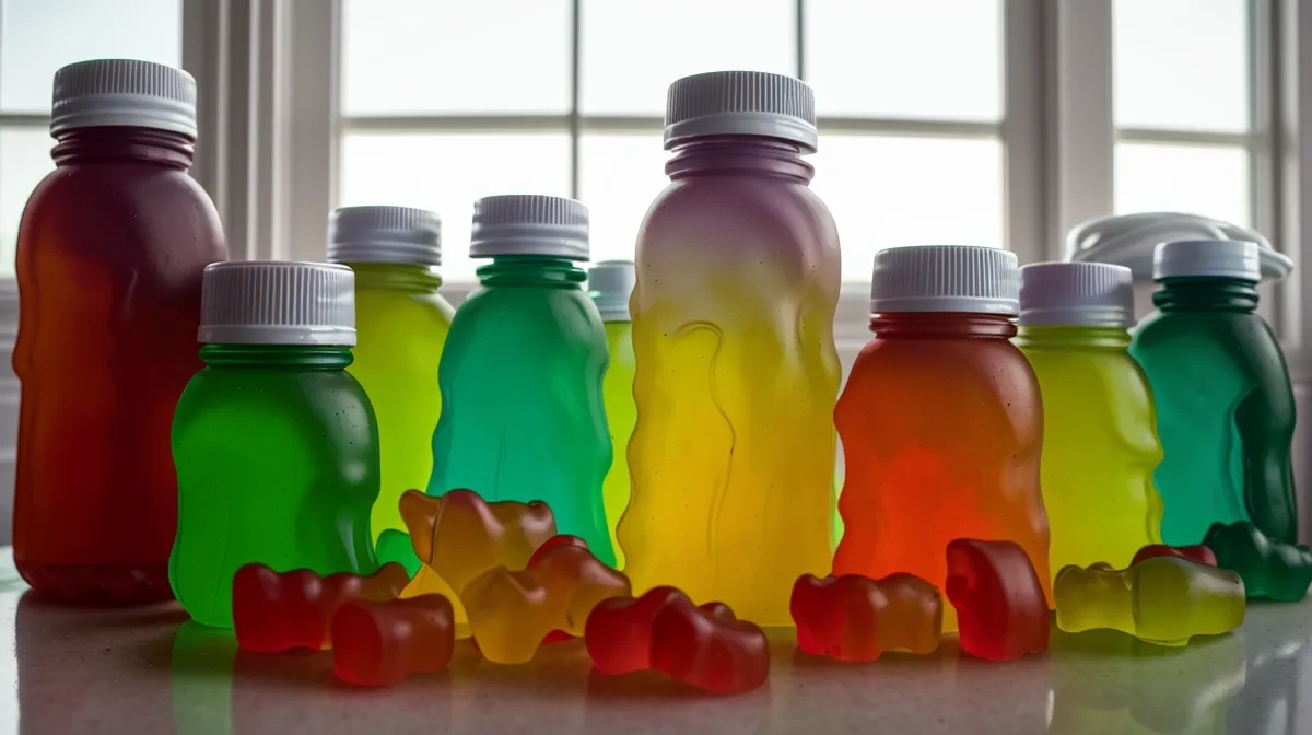 Gummy vitamins and a water bottle lined up on a teacher's desk, showing simple gut health and bloating tips for the school day